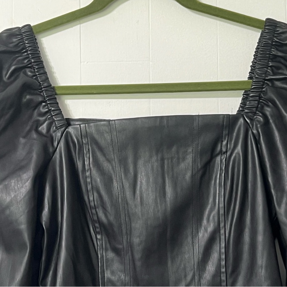Avec Les Filles Vegan Leather Black Party Moto Puff Sleeve Mini Dress Size S - Picture 3 of 13